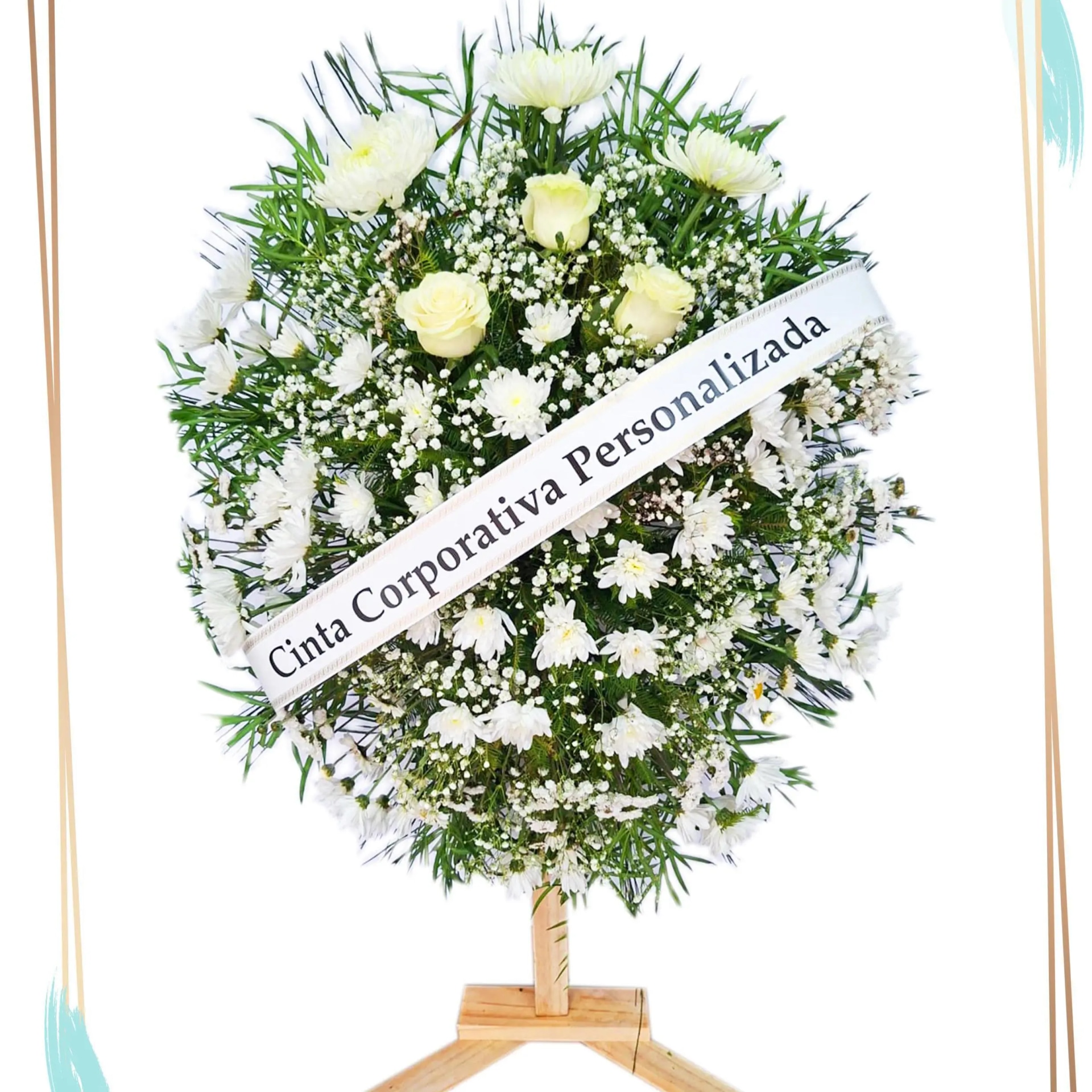 Arreglo Condolencias atril de madera y cinta corportativa