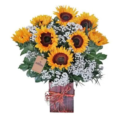 8 girasoles en base de madera