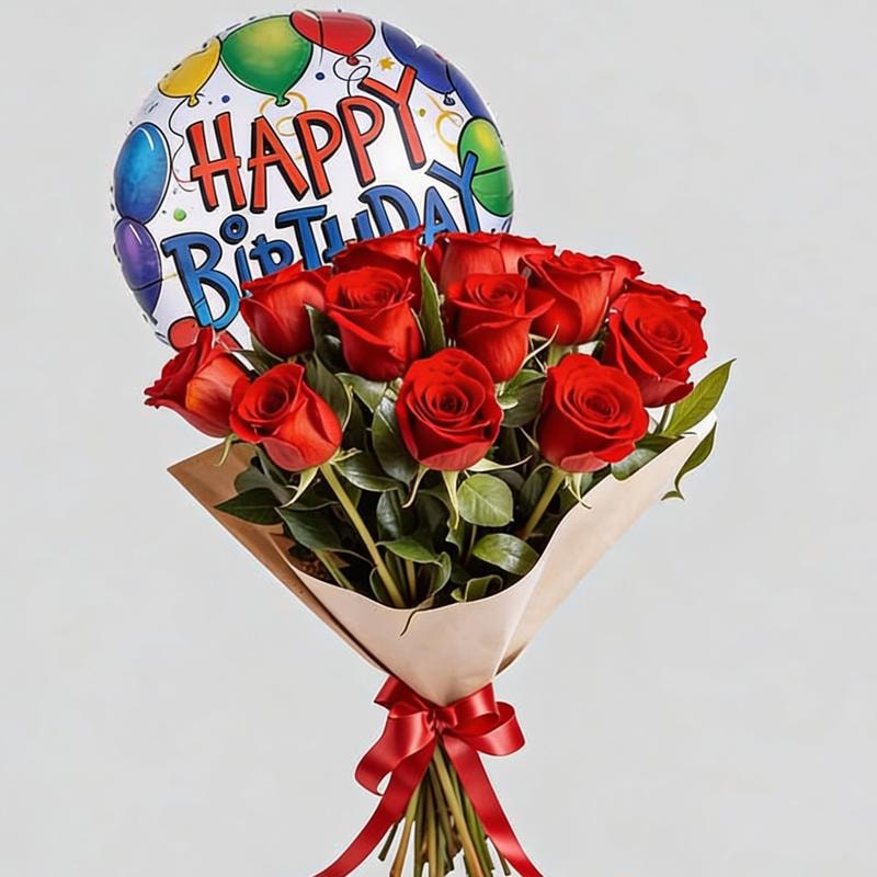 Ramo de Rosas con Globo de Cumpleaños 🎂🌹Elije la Cantidad - Imagen 1