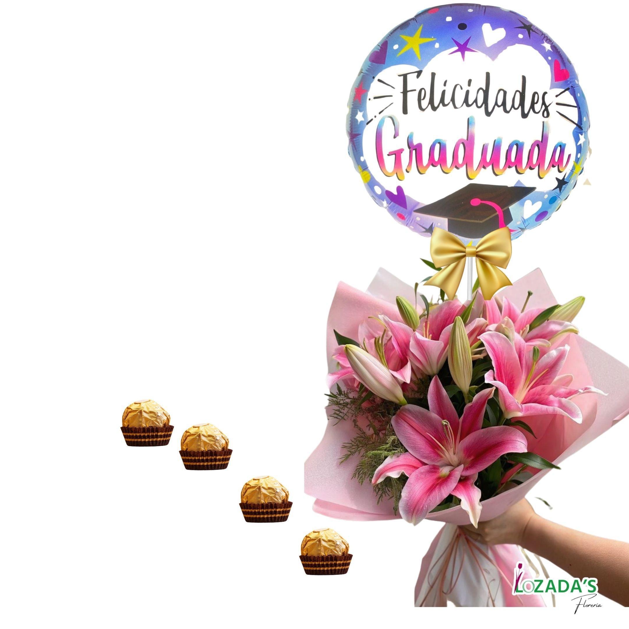 Ramo para Graduada de Liliums con Globo y Bombones - Imagen 1