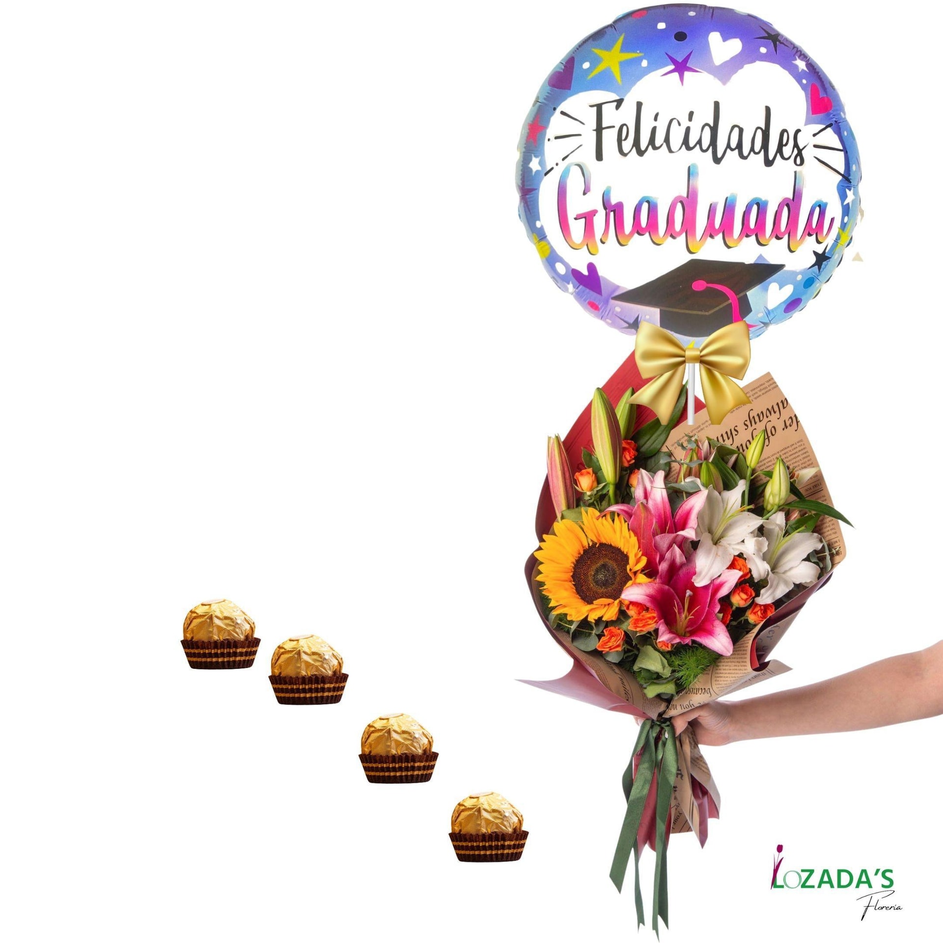 Ramo para Graduada de Girasol, Lilium, globo y Bombones - Imagen 1