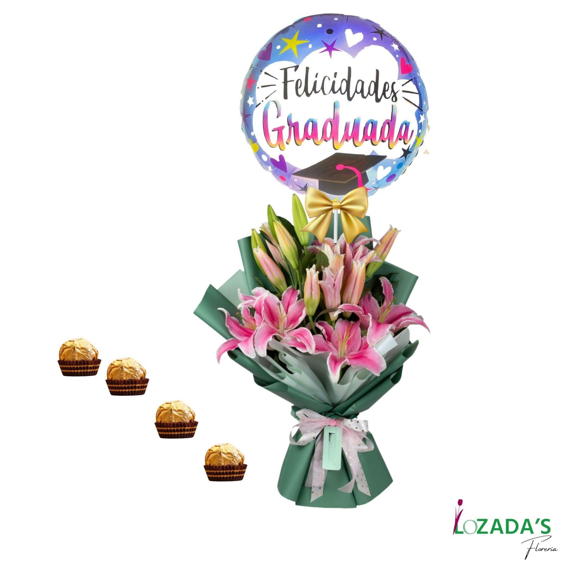 Ramo para Graduada con Liliums, globo y Bombones - Imagen 1