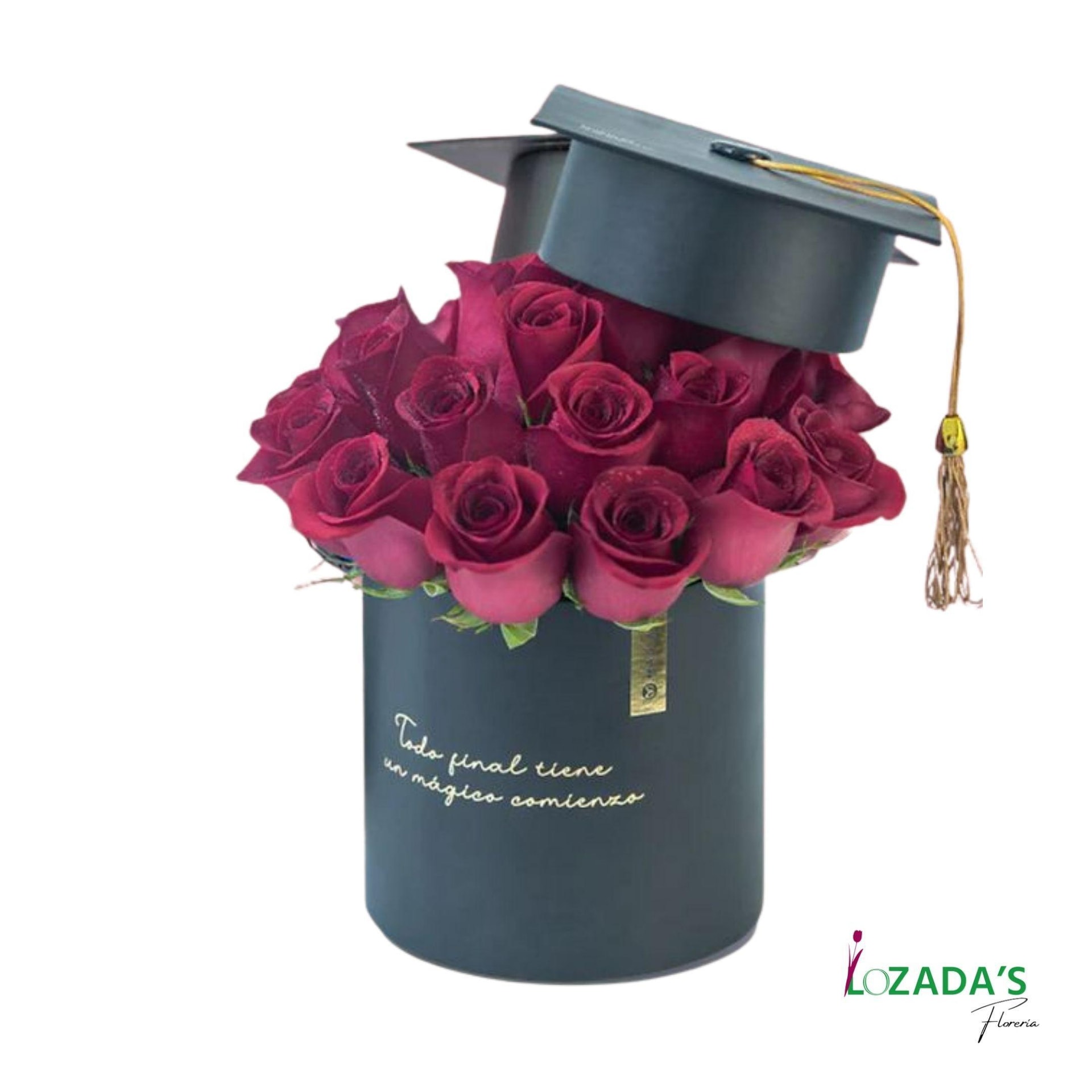 Caja Tambor de Graduación con Rosas y Birrete - Imagen 1