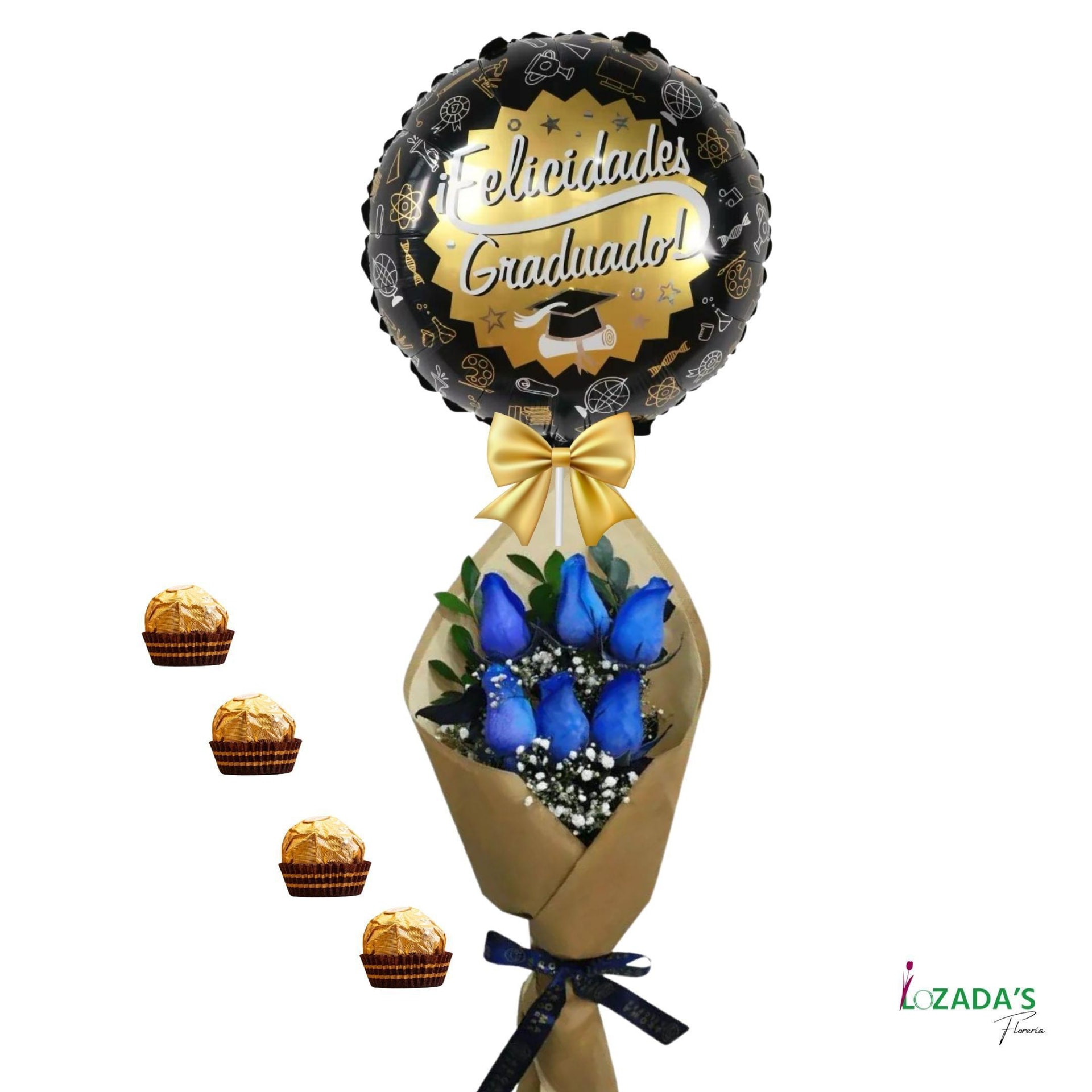 Ramo para Graduado con 6 Rosas Azules, globo y Bombones - Imagen 1