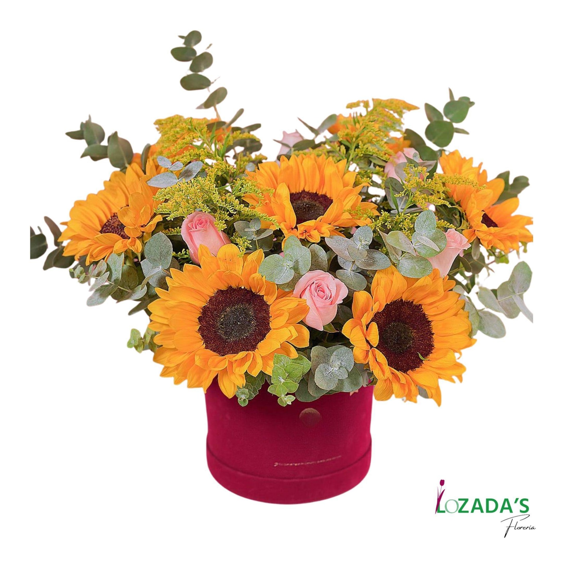 Caja Tambor con Girasoles y Rosas Rosadas - Imagen 1