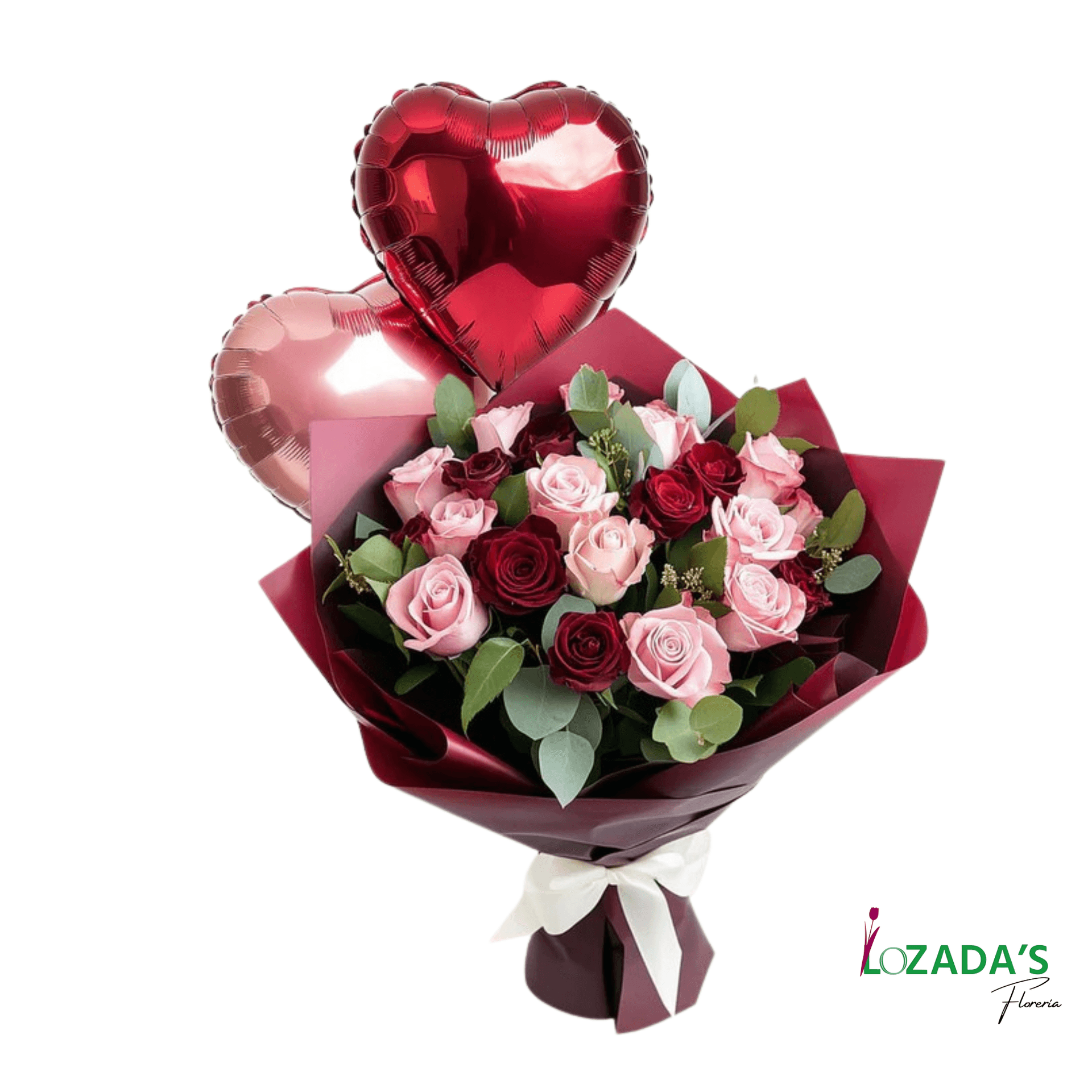 Ramo Mixto de Rosas Rojas y Rosadas + Globos Corazón - Imagen 1