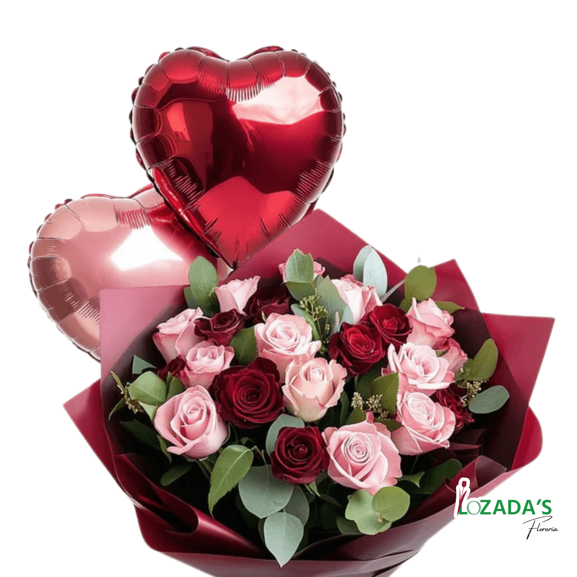 Ramo Mixto de Rosas Rojas y Rosadas + Globos Corazón - Imagen 2