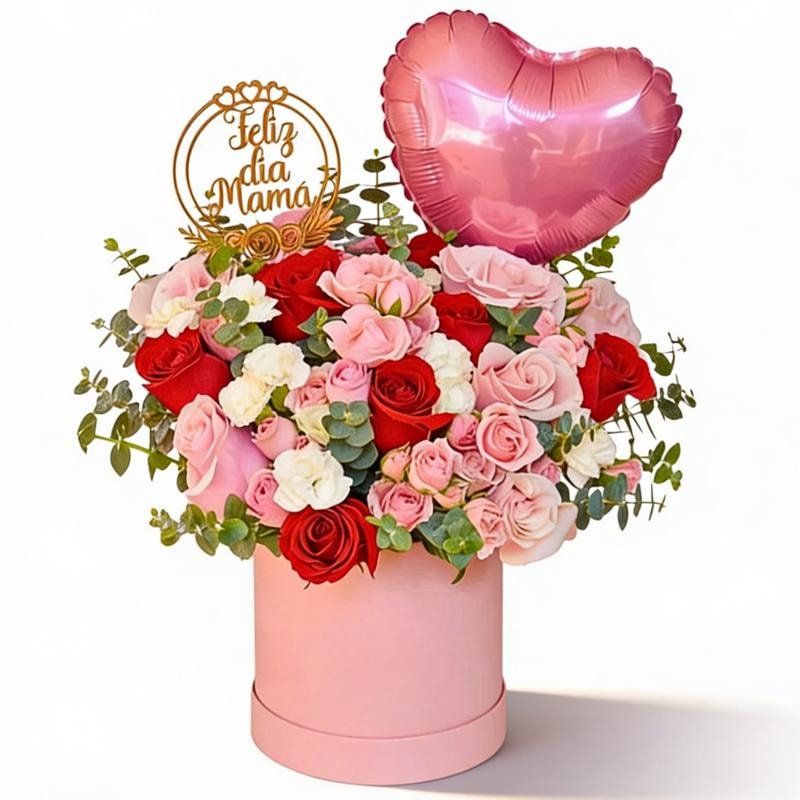 Feliz Día Mamá - Arreglo floral de Rosas mixtas y Globo - Imagen 1