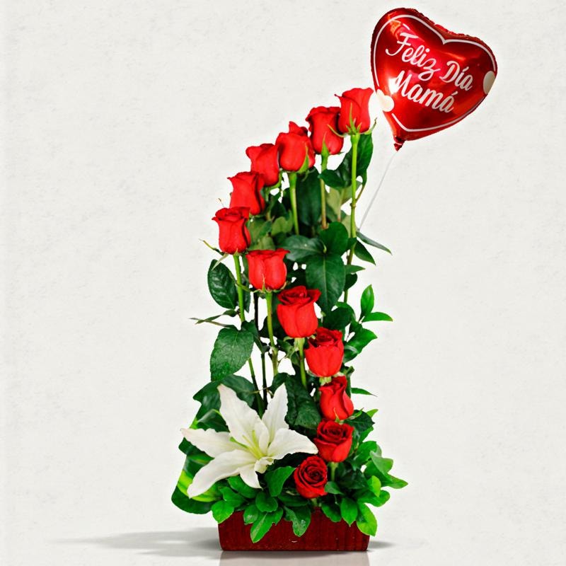 Feliz Día Mamá - Arreglo de 12 Rosas, 1 Lilium y Globo - Imagen 1