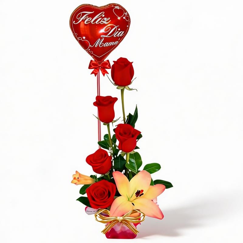Feliz Día Mamá - Arreglo de 5 Rosas 1 Flor de Lilium + Globo - Imagen 1