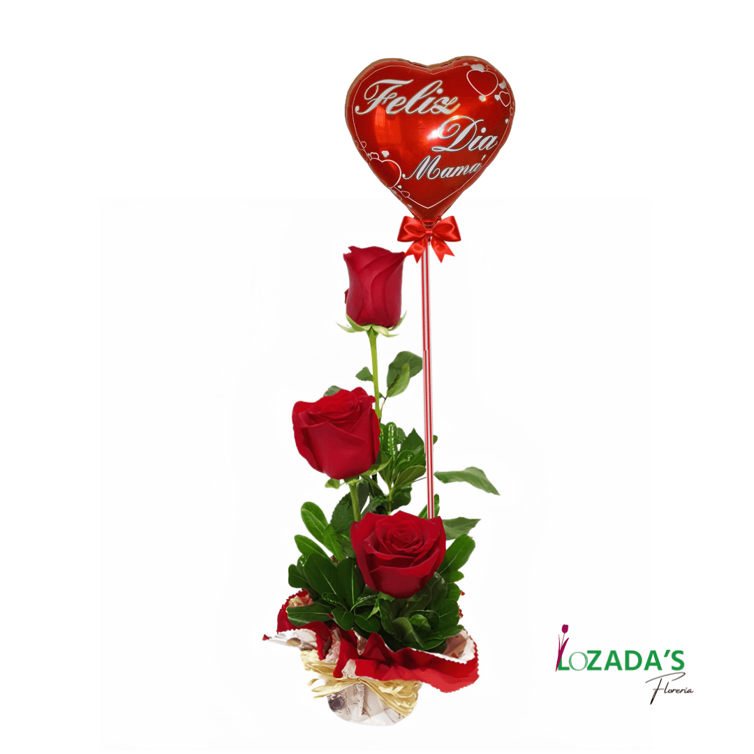Feliz Día Mamá - Arreglo de 3 Rosas Rojas + Globo - Imagen 1