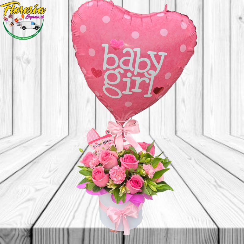 Box 7 rosas, flores de temporada, follaje, topper y Globo - Imagen 1