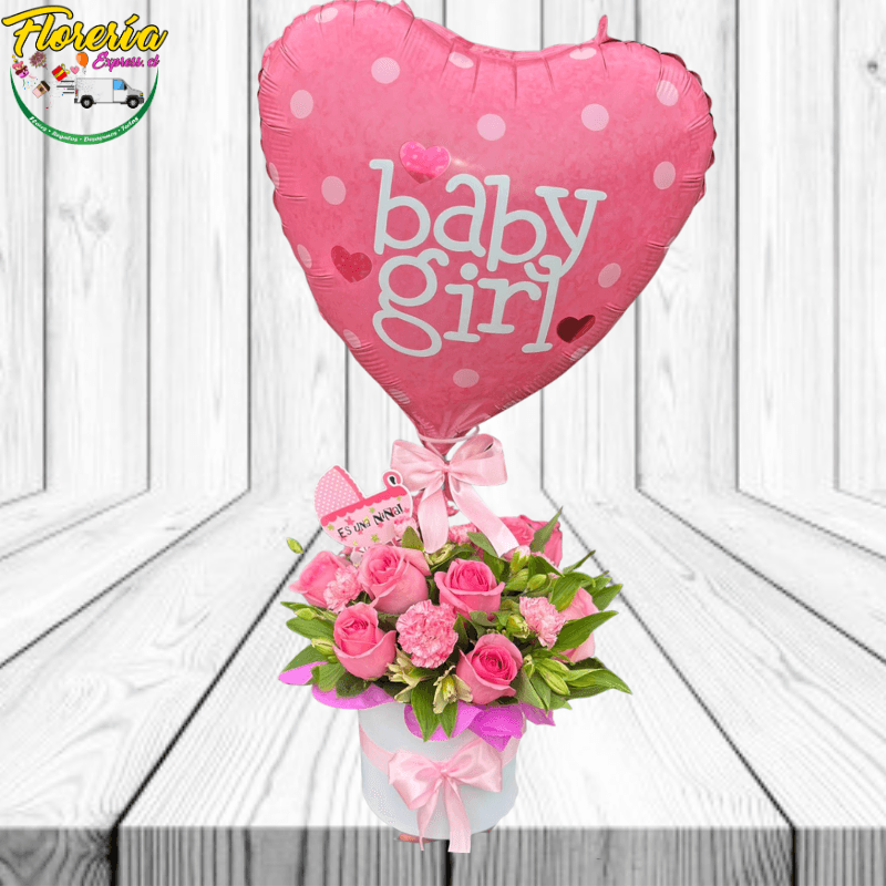 Box 7 rosas, flores de temporada, follaje, topper y Globo - Imagen 1