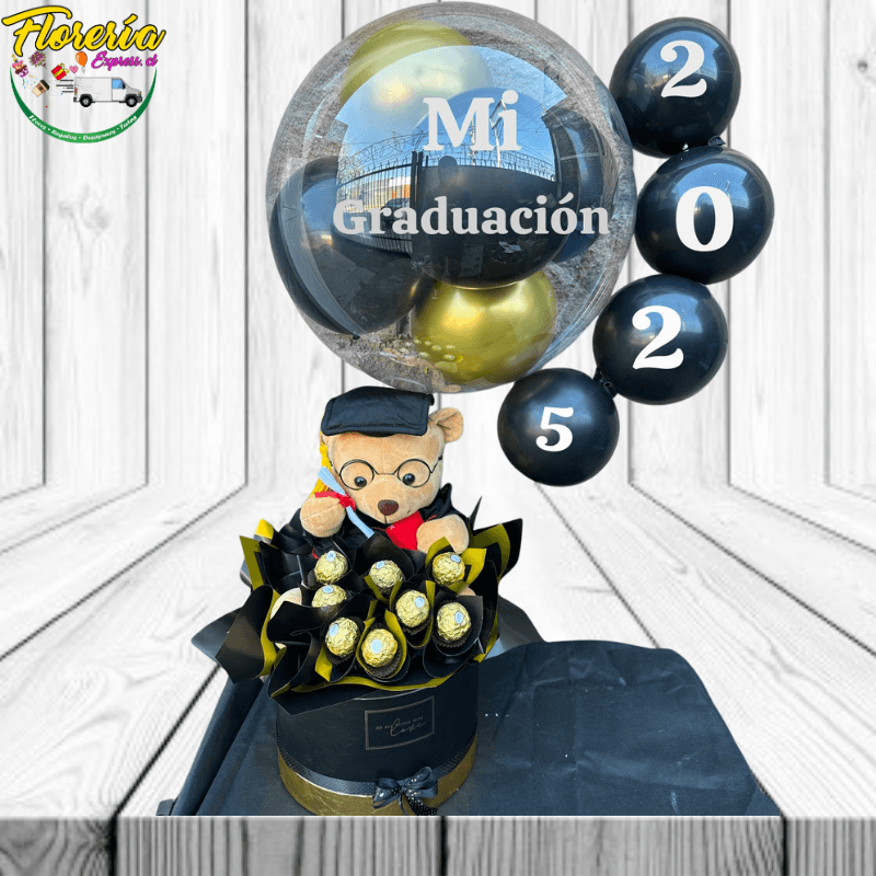 Box Graduación de 8 bombones, peluche 20cm y globo burbuja - Imagen 1