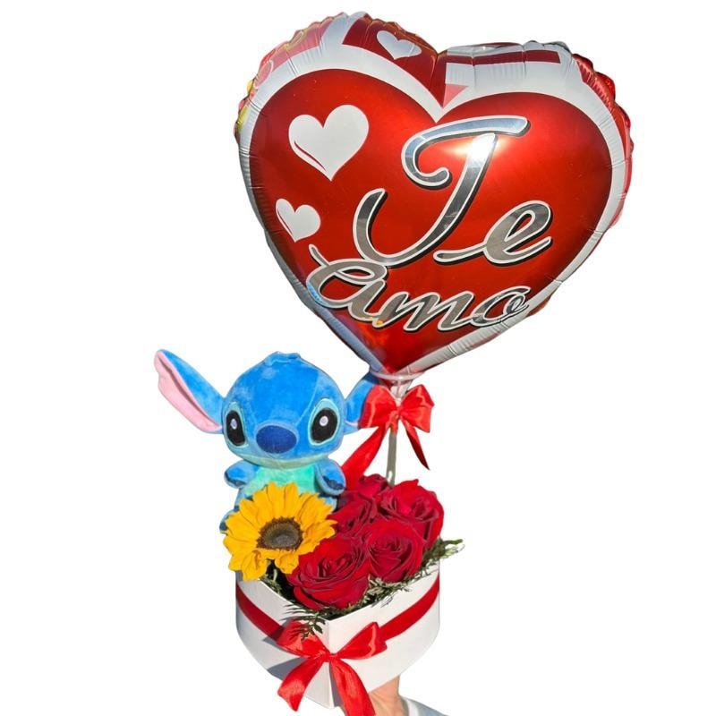 Caja corazón de 5 rosas, 1 girasol, peluche stitch y globo - Imagen 1