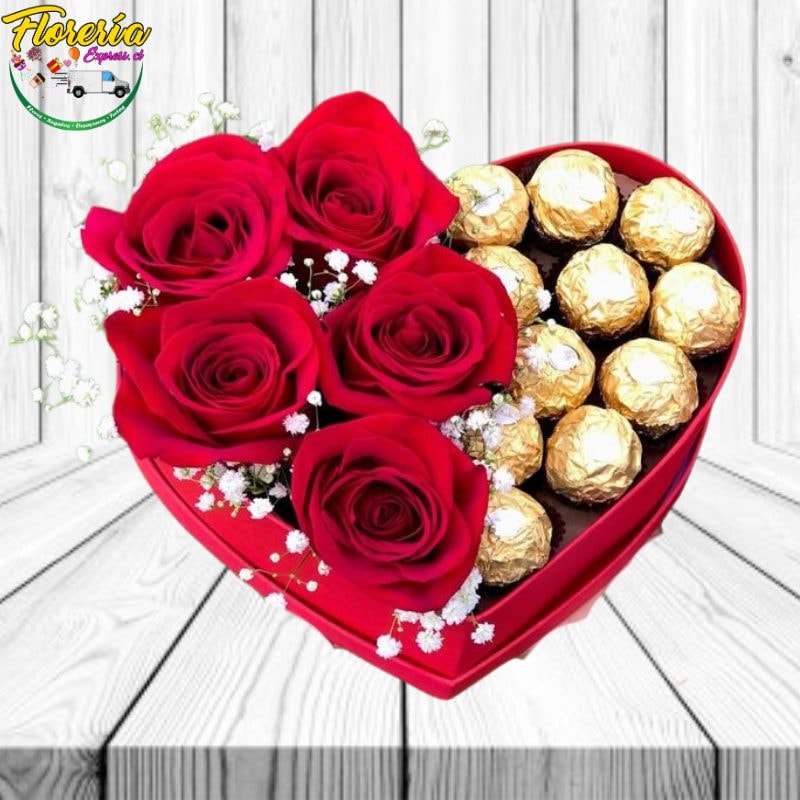 Caja corazón de 5 rosas y 11 bombones ferreros rocher - Imagen 1