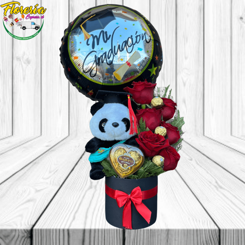Box rosas, bombones, peluche graduación y globo - Imagen 1
