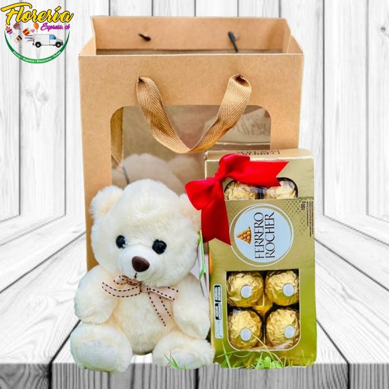 Bolsa de regalo con peluche de 20 cm y ferreros rocher - Imagen 1