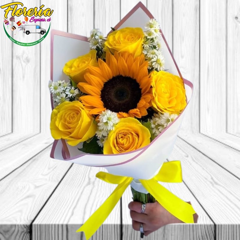 Ramo 5 rosas 1 girasol - Imagen 1