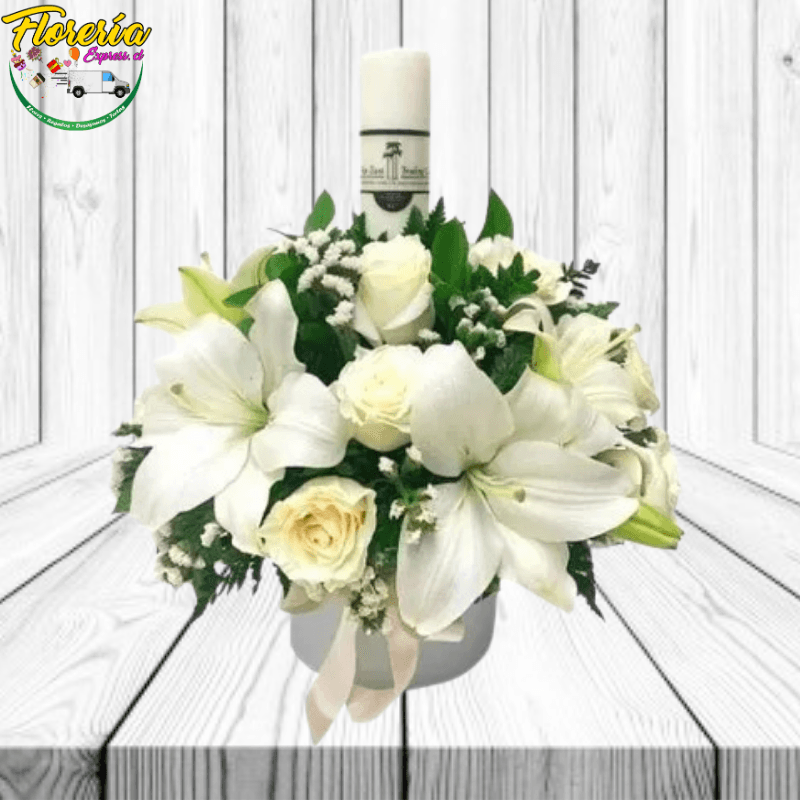 BOX FÚNEBRE DE 8 ROSAS, 3 LILIUM, FOLLAJE Y VELON - Imagen 1