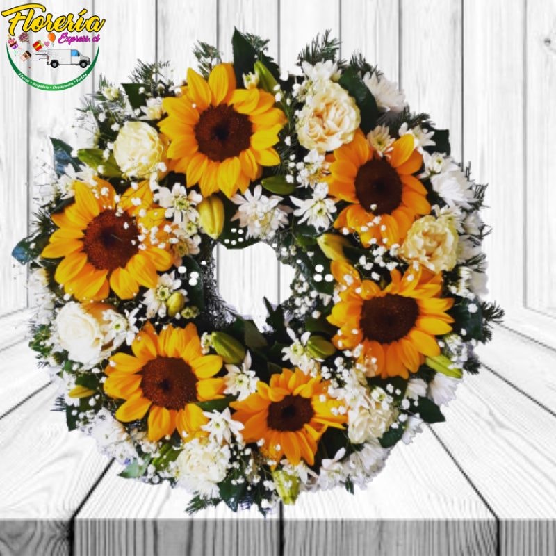 CORONA DE CARIDAD 50 cm (6 GIRASOLES, 6 ROSAS, FOLLAJE) - Imagen 1