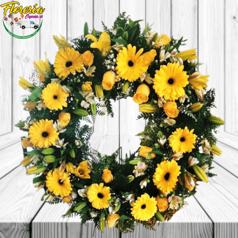 CORONA FUNEBRE DE 10 GERBERAS 10 LILIUM Y 10 ROSAS 60cm - Imagen 1