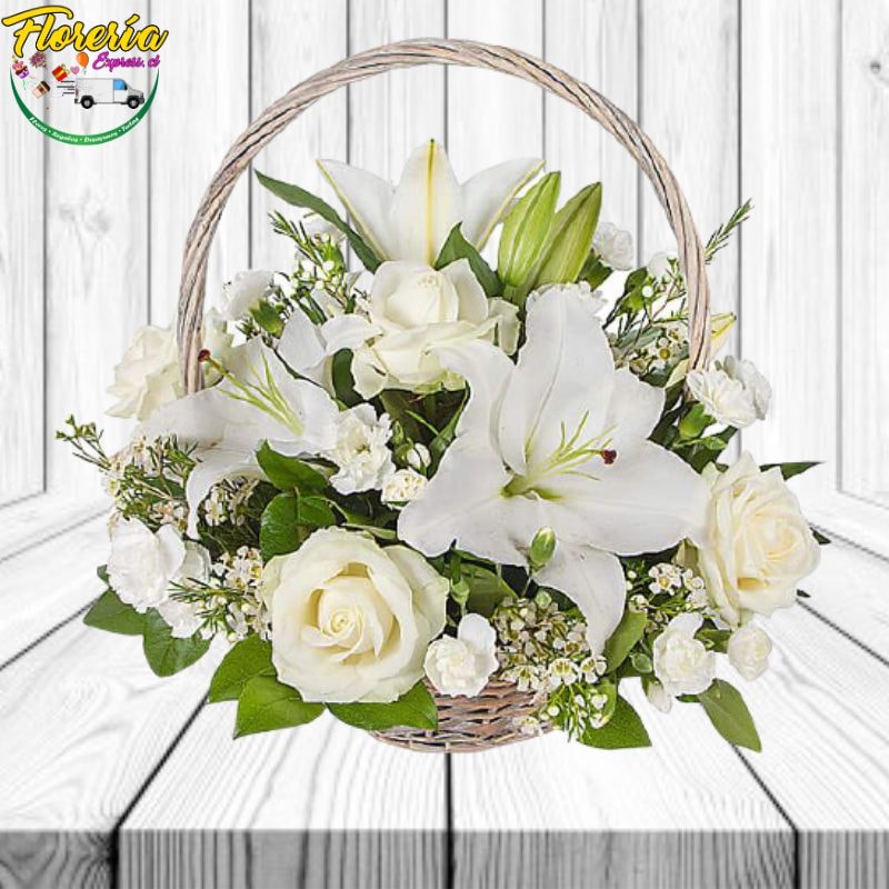 ARREGLO BONDAD CANASTA DE 4 ROSAS 4 LILIUM Y FOLLAJE - Imagen 1