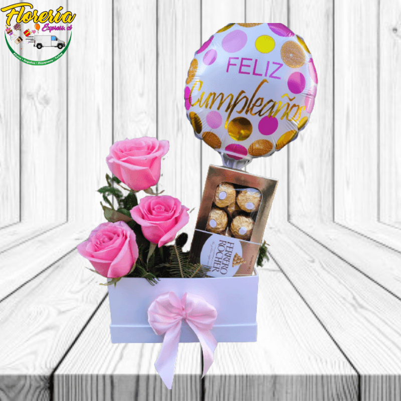 CAJA RECTANGULAR DE 3 ROSAS, BOMBONES Y GLOBO - Imagen 1