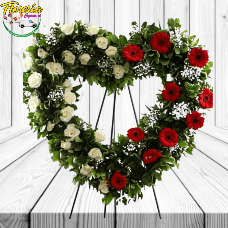 CORONA CORAZON MITAD 20 ROSAS MITAD 15 GERBERAS Y ATRIL - Imagen 1