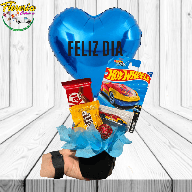 Arreglo de 2 chocolates, 1 auto Hot Wheels y globito - Imagen 1