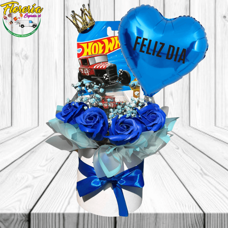Box de 4 rosas jabón, 1 auto Hot Wheels, coronita y globito - Imagen 1