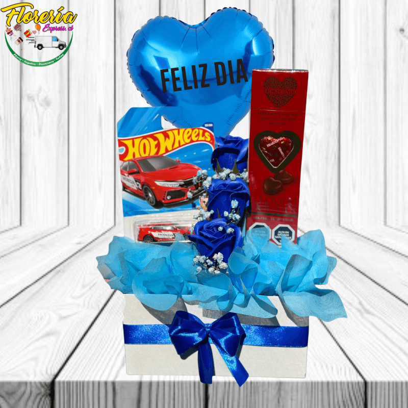 Caja de 3 rosas jabon, bombones, 1 Auto Hot Wheels y Globito - Imagen 1