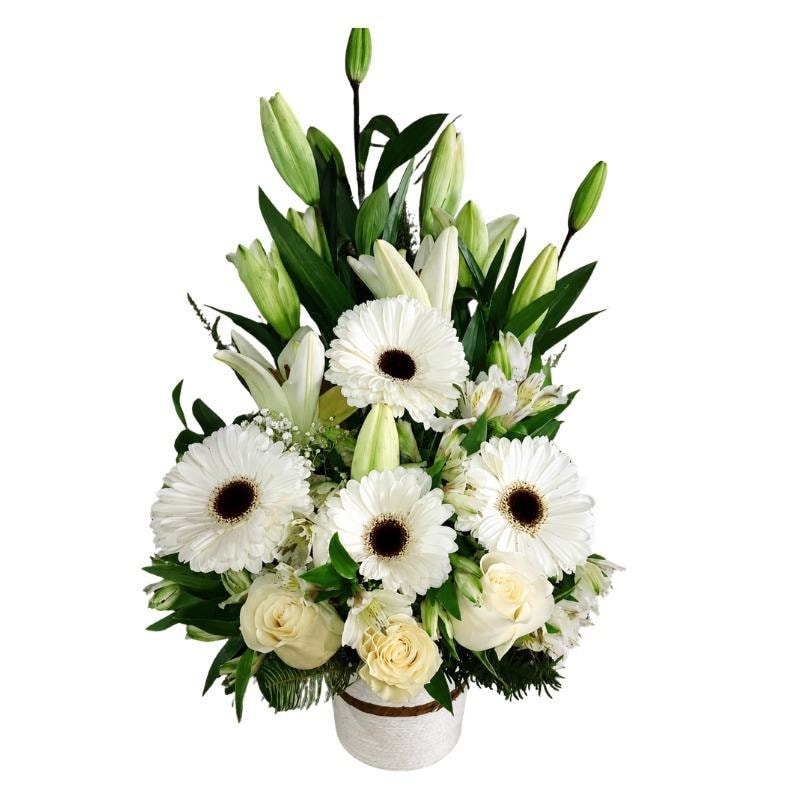 Arreglo Funebre de 3 Rosas, 4 gerberas, 4 lilium y follaje - Imagen 1