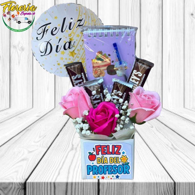 Box profesor con 3 rosas jabon, chocolates, libreta y globo - Imagen 1
