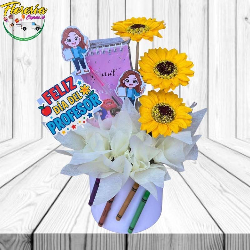 Box Profesor con 3 Girasoles jabon, libreta y topper - Imagen 1