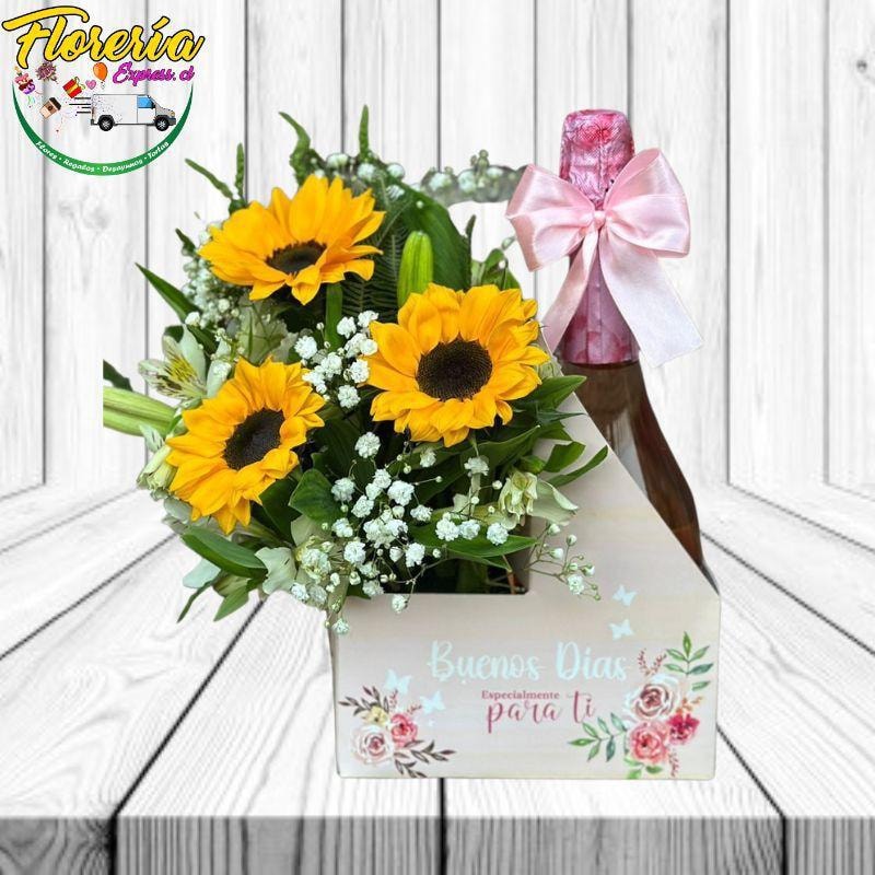 Box Espumante con 3 girasoles y botella de champagne - Imagen 1