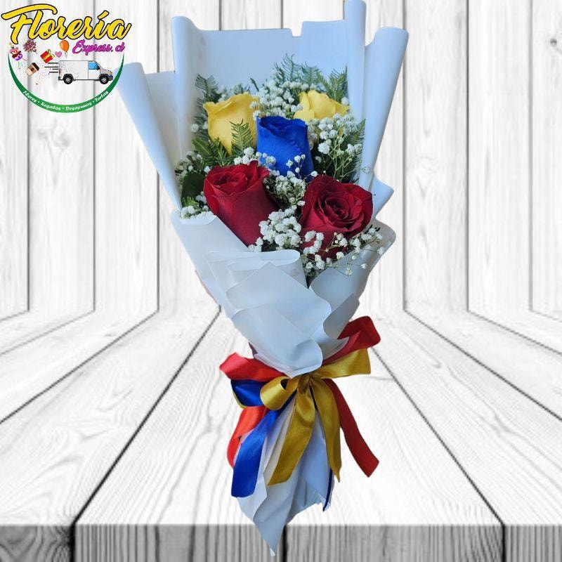 Ramo Tricolor de 5 Rosas: amarillas, azul y rojas - Imagen 1