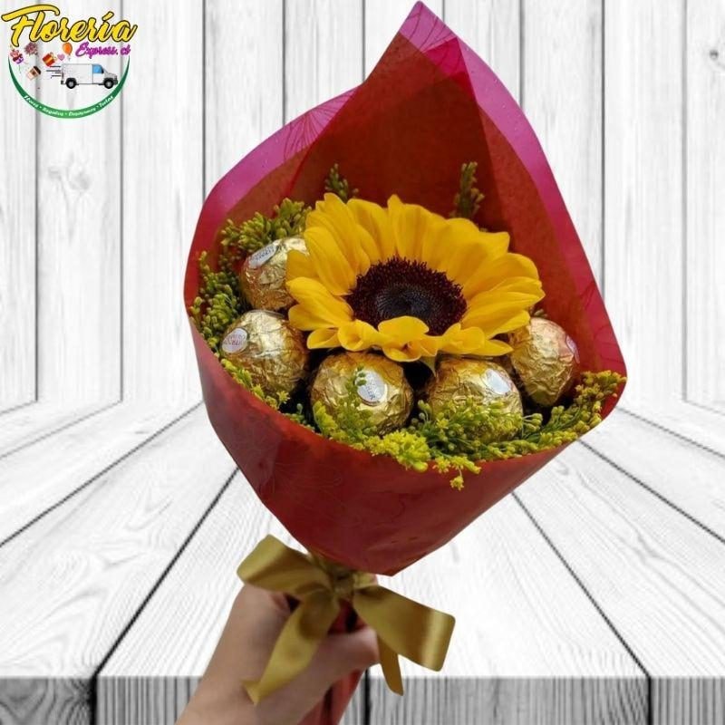 RAMO DE GIRASOL Y 5 BOMBONES CON LINDA ENVOLTURA - Imagen 1