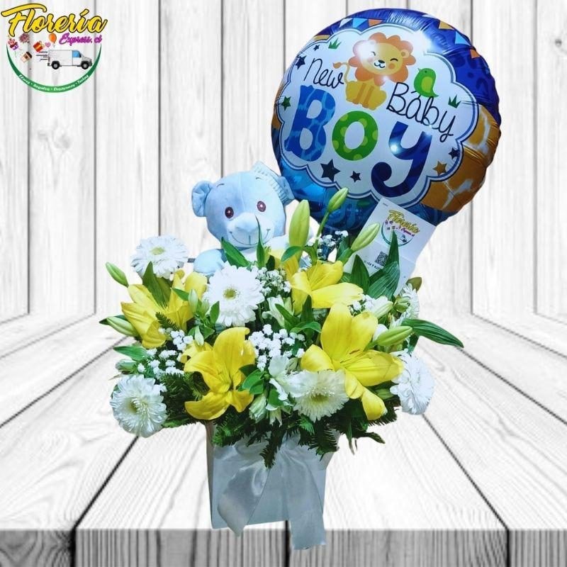 BOX CUADRADO MIX FLORAL DE NACIMIENTO CON PELUCHE Y GLOBO - Imagen 1