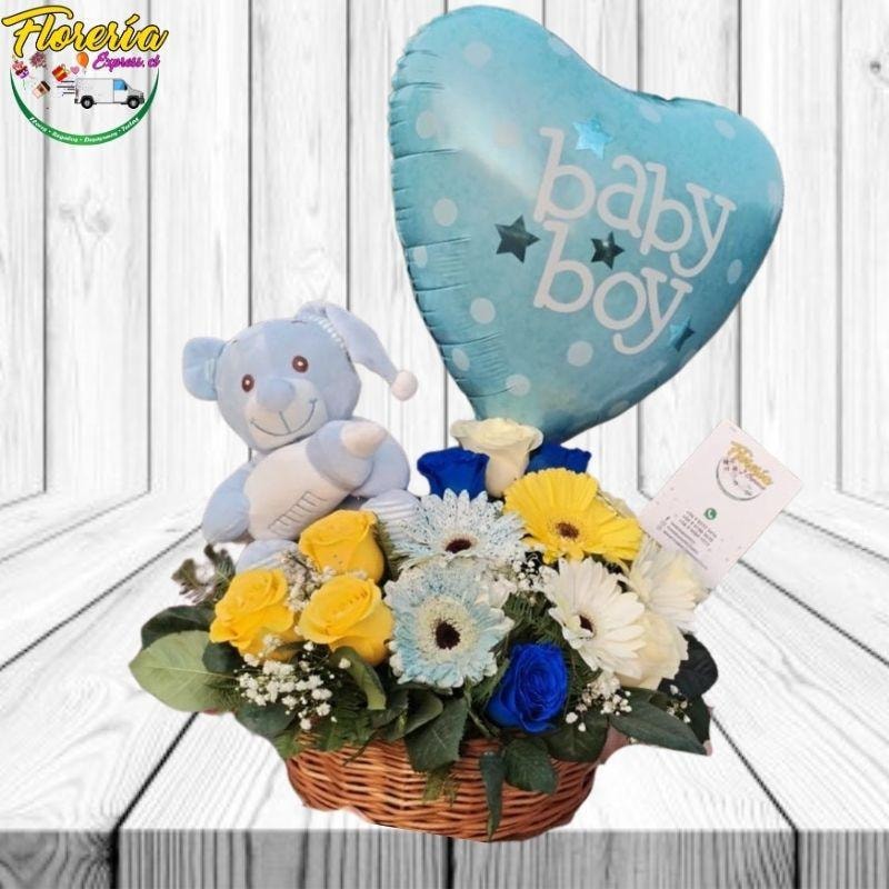 CANASTA NACIMIENTO DE 6 GERBERAS, 10 ROSAS, PELUCHE DE 25CM - Imagen 1