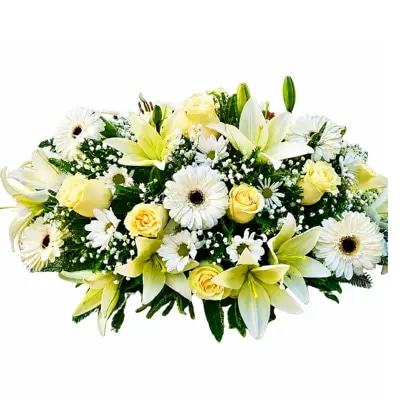 COJIN FUNEBRE 8 ROSAS 7 GERBERAS 6 LILIUM Y MARGARITAS