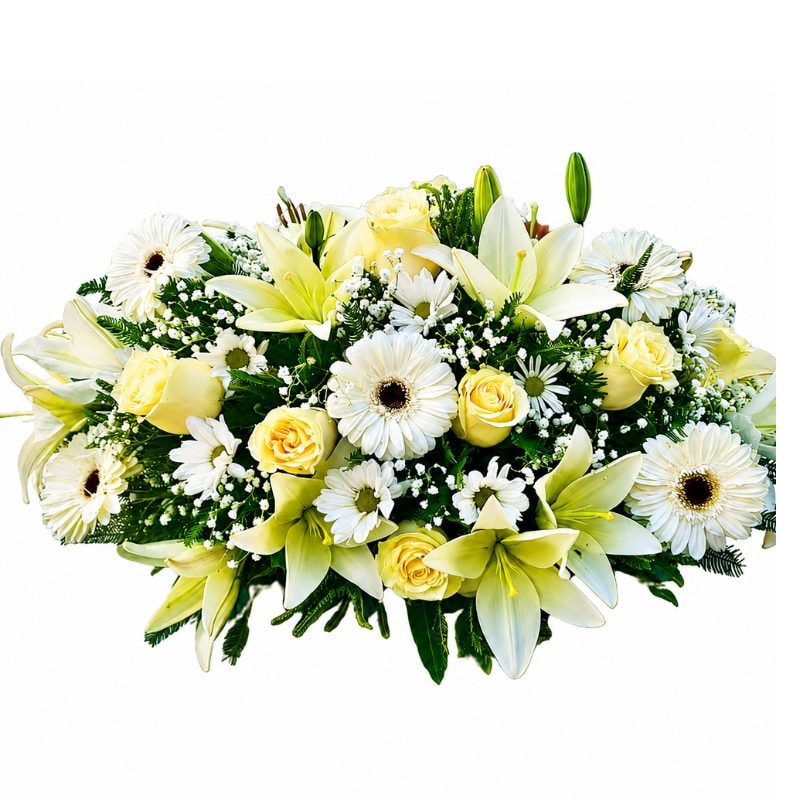 COJIN FUNEBRE 8 ROSAS 7 GERBERAS 6 LILIUM Y MARGARITAS - Imagen 1