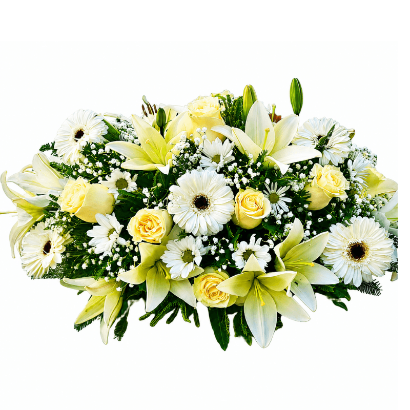 COJIN FUNEBRE 8 ROSAS 7 GERBERAS 6 LILIUM Y MARGARITAS - Imagen 1