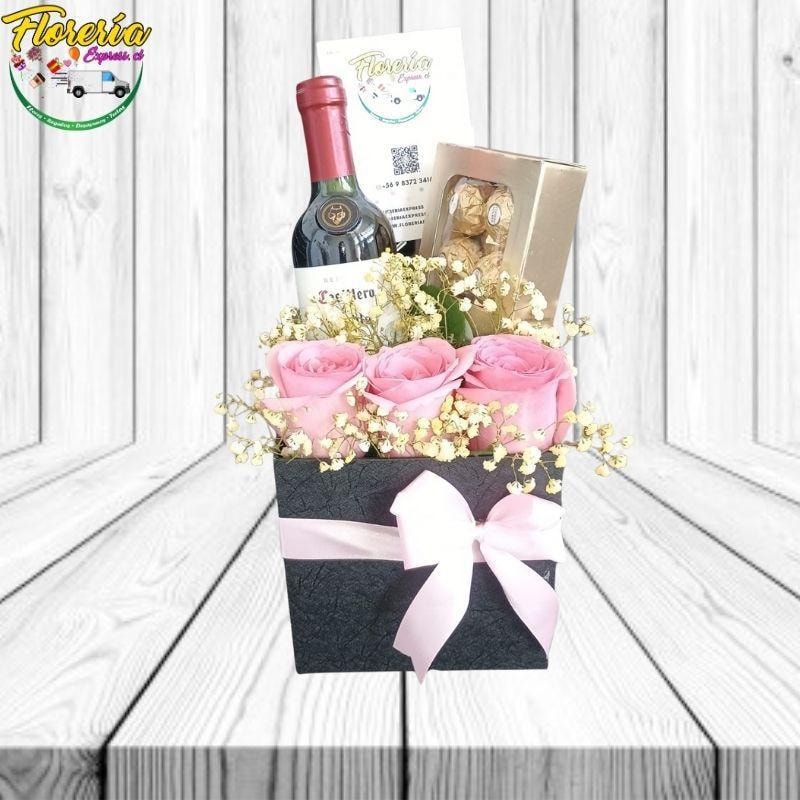 CAJA 3 ROSAS BOTELLA VINO 375ML Y FERRERO ROCHER 100G - Imagen 1
