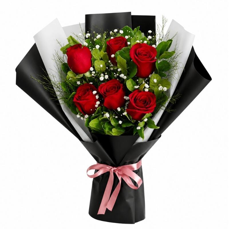 HERMOSO RAMO 6 ROSAS, FOLLAJE Y LINDA ENVOLTURA - Imagen 1