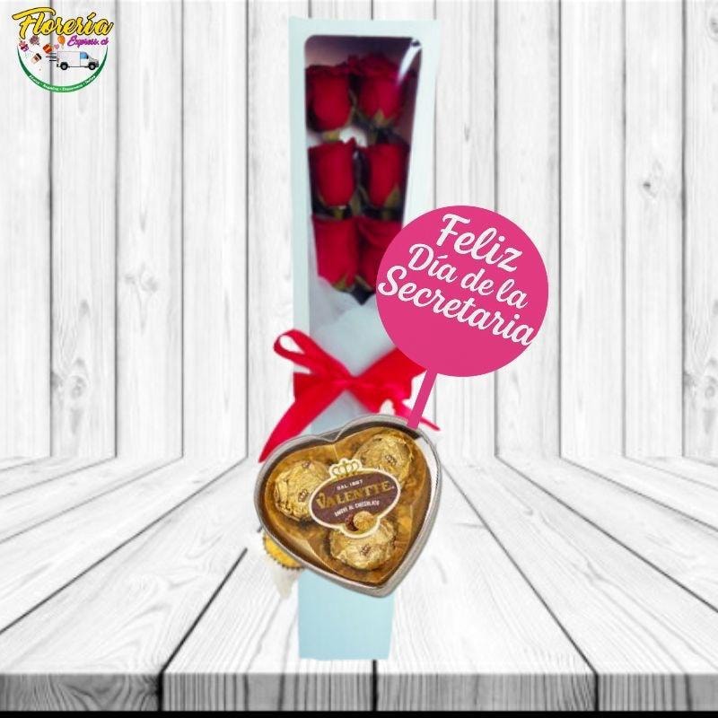 Caja 6 rosas, bombones corazon y topper Dia de la secretaria - Imagen 1