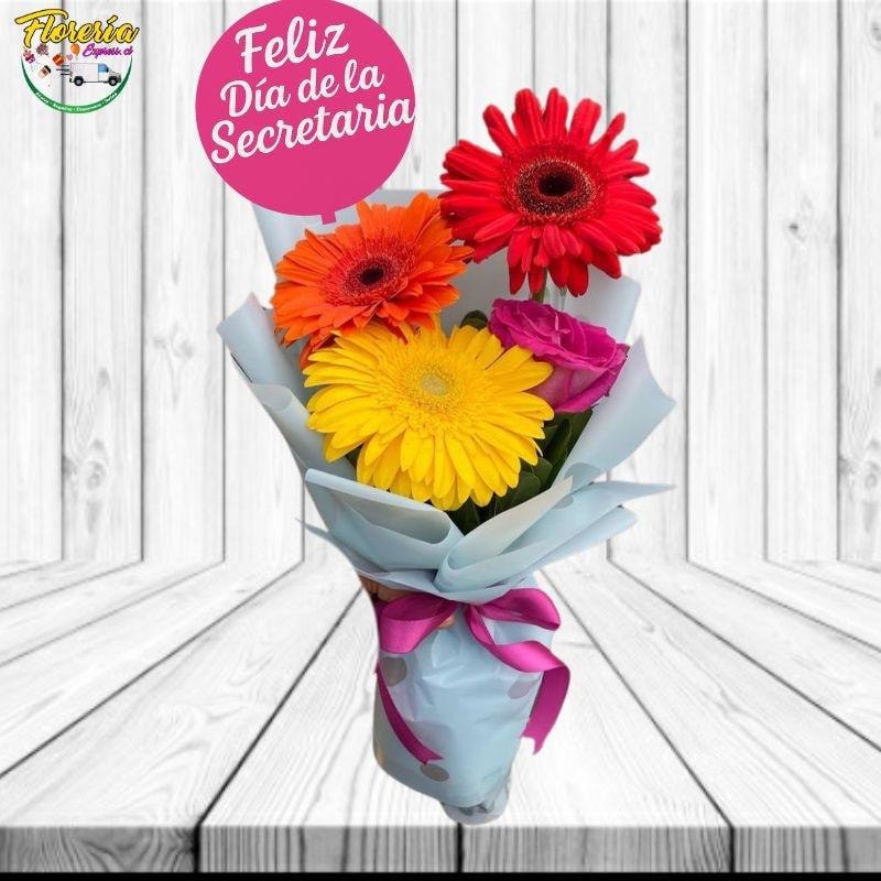 Ramo de 3 gerberas, 1 rosa y topper dia de la secretaria - Imagen 1