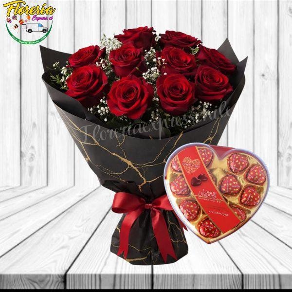 Ramo buchon de 12 rosas y bombones corazón - Imagen 1