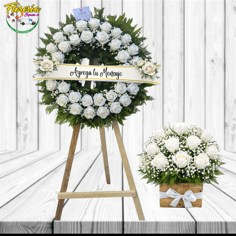 PACK FUNEBRE ARREGLO, CORONA AMBOS ROSAS JABON ATRIL Y CINTA - Imagen 1