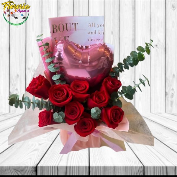 ARREGLO FLORAL PARA SAN VALENTIN 10 ROSAS Y GLOBO - Imagen 1